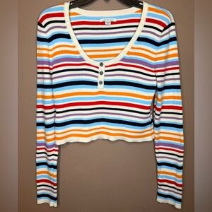American Eagle Colorful Striped Henley Ribbed Cropped Long Sleeve Top Size XL